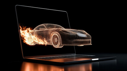 Modern laptop displaying a 3D wireframe hologram of a neon sports car dramatically bursting out of the screen, isolated against a dark black background