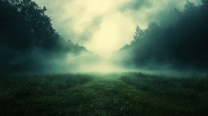 Mystic Swedish Landscape With Fog Over Grass Field in Summer
