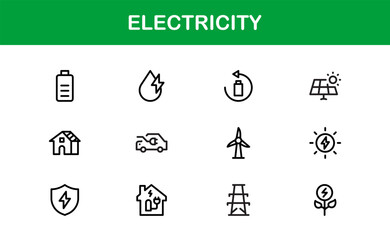 Electricity Icon Set in Vector Style Featuring Energy, Power, Voltage, Battery, and Electrical Components