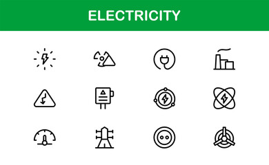 Electricity Icon Set in Vector Style Featuring Energy, Power, Voltage, Battery, and Electrical Components