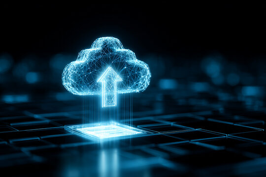 Glowing digital cloud with upward arrow on dark background cloud computing data upload