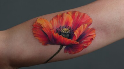 Vibrant Poppy Tattoo on Arm Contrasting With Grey Background