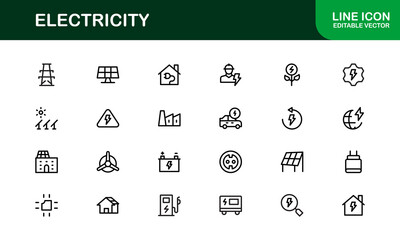 Electricity Icon Set in Vector Style Featuring Energy, Power, Voltage, Battery, and Electrical Components