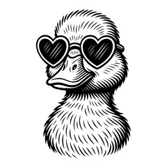 Duck with Heart Shaped Sunglasses Portrait Black and White Outline Line Art Drawing