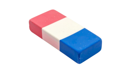 Colorful blue, red, yellow, and green chalk blocks are isolated on a white background, resembling playful construction toys or school erasers