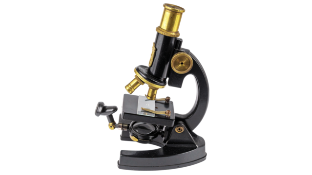 Old scientific research microscope with red accents isolated on a white background, embodying laboratory technology and medical discovery