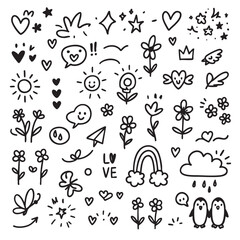 Cute doodles featuring flowers, hearts, and cheerful symbols create playful atmosphere