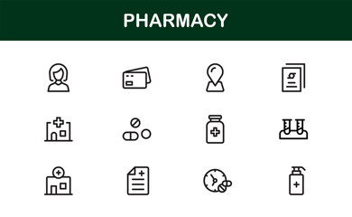 Vector Pharmacy Icon Set Featuring Medical Symbols, Pills, Prescriptions, and Healthcare Elements