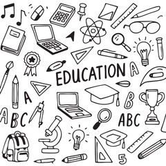 Education themed doodles including books, pencils, and scientific tools create vibrant learning
