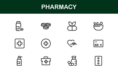 Vector Pharmacy Icon Set Featuring Medical Symbols, Pills, Prescriptions, and Healthcare Elements