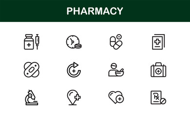 Vector Pharmacy Icon Set Featuring Medical Symbols, Pills, Prescriptions, and Healthcare Elements