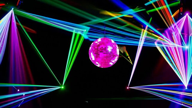 Colorful laser beams and glowing disco ball in vibrant motion lighting up a dark party scene, symbolizing nightlife culture, entertainment technology, EDM festivals, and immersive light shows