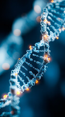 Close-up of a glowing DNA double helix with highlighted methyl groups attached, symbolizing epigenetic modification, on a dark blue scientific background with copy space