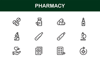 Vector Pharmacy Icon Set Featuring Medical Symbols, Pills, Prescriptions, and Healthcare Elements