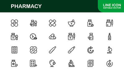 Vector Pharmacy Icon Set Featuring Medical Symbols, Pills, Prescriptions, and Healthcare Elements