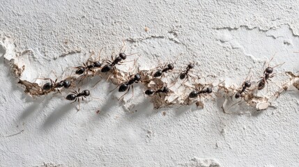Chain of Ants Traversing a Rough Plaster Wall in Daylight