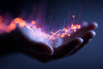 Glowing digital data stream flowing over open palms technology finance