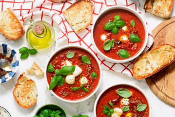 Roasted Tomato Soup with Mozzarella and Basil Caprese Style.selective focus