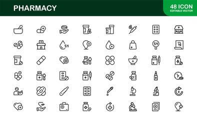Vector Pharmacy Icon Set Featuring Medical Symbols, Pills, Prescriptions, and Healthcare Elements