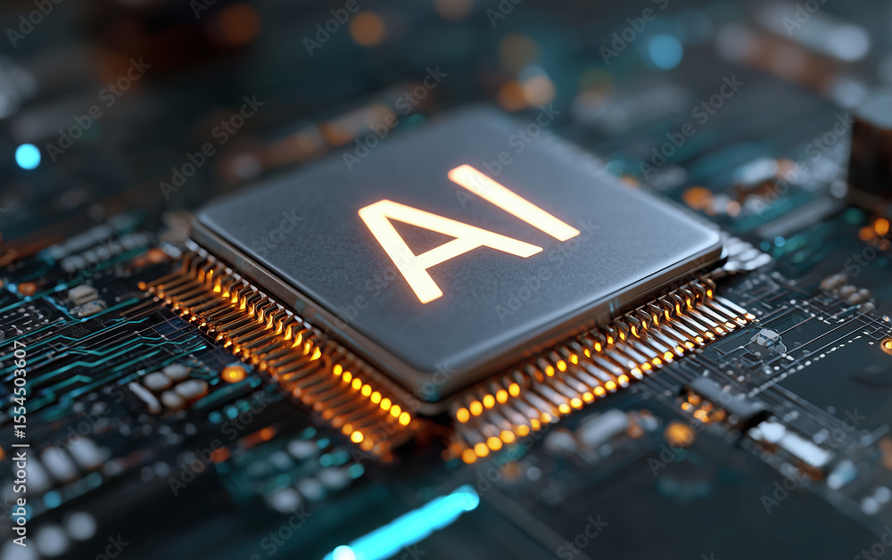 Poster close-up of an ai chip with the letters ai glowing on it