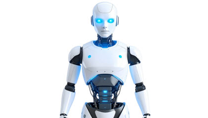 Sleek humanoid robot with glowing blue eyes standing in a neon isolated on transparent background. Png
