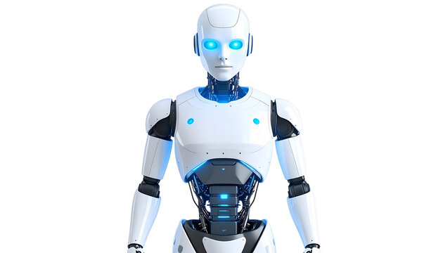 Sleek humanoid robot with glowing blue eyes standing in a neon isolated on transparent background. Png