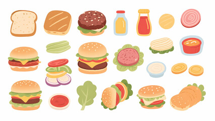 Illustration of various burger components and assembled burgers