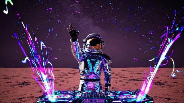 Astronaut DJ performing on stage with neon lights on an alien planet, symbolizing futuristic entertainment, space-themed music, digital imagination, and science fiction concept art