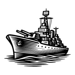 Obraz premium Mighty Naval Warship Battleship Sailing Ocean Water Vintage Style Black and White Outline Line Art Drawing Illustration