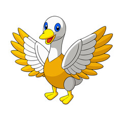 A cheerful cartoon goose with white and gold wings spread wide standing on yellow feet against a white background