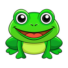 A cheerful wide eyed cartoon frog with a big smile and green skin sits on a white background