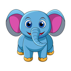 Adorable cartoon baby elephant with big blue eyes and pink ears smiling happily on a white background