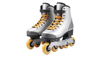 Black and white inline roller skates with wheels, a boot, and a blade for the sport of speed skating, isolated on a white background