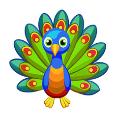 Cute cartoon peacock with vibrant fanned tail feathers and big green eyes