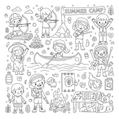 Cute cartoon children enjoying various summer camp activities isolated on transparent background