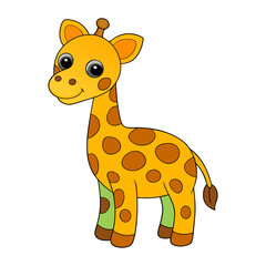 Cute cartoon giraffe with big eyes and brown spots standing on a white background