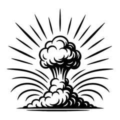 Powerful Explosion Mushroom Cloud Blast Black and White Outline Line Art Drawing Retro Vintage Style