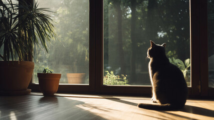 A cat sits peacefully by a window, enjoying the warm sunlight and serene greenery outside.