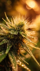 A close-up of a vibrant cannabis plant glistening with water droplets and sunlight.