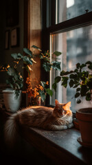 A cozy cat lounging by the window surrounded by vibrant plants in soft evening light.
