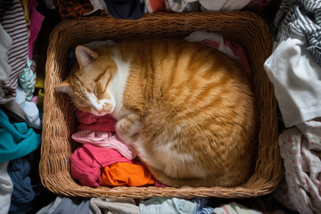 A cozy orange cat curled up asleep in a basket full of colorful laundry.