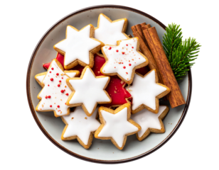 Christmas Cookie Plate with Icing Shapes and Cinnamon, isolated on a transparent background