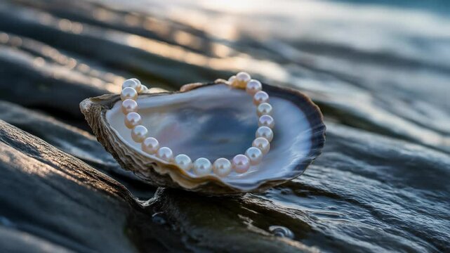 Pearl necklace in seashell on sandy beach elegant and luxurious jewelry image for fashion and jewelry industry high resolution perfect for advertisement and editorial uses