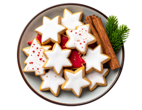 Christmas Cookie Plate with Icing Shapes and Cinnamon, isolated on a transparent background