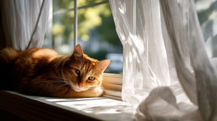 A serene orange cat lounges gracefully on a sunlit windowsill, enjoying the calm ambiance.