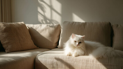 A serene white cat lounging on a cozy couch, illuminated by soft natural light.