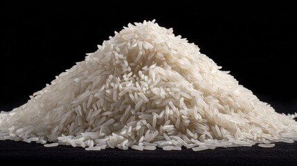Pile of white rice grains against a black background food staple.