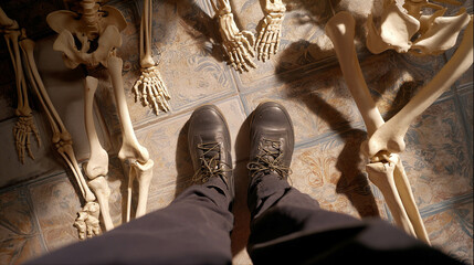 A unique perspective showcasing feet beside vintage skeleton models on the floor.