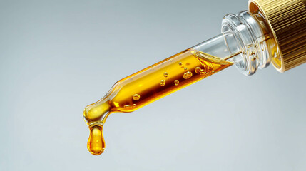 Close-up of a glass dropper with golden oil dripping on a smooth surface.