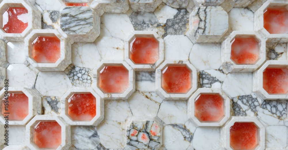 Poster Hexagonal mosaic pattern. Red stones set within white marble framework. Intricate design creates textured surface. Elegant, refined aesthetic.